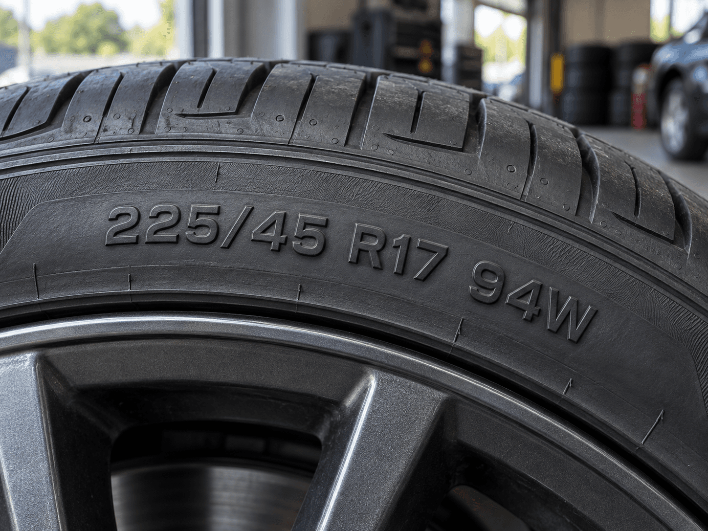 Tyre sidewall showing 225/45 R17 94W size markings